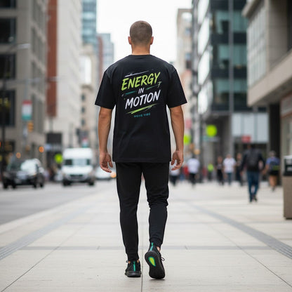 Move Vibe black crew neck t-shirt with Energy in Motion graphic on back worn by a man walking on a city street