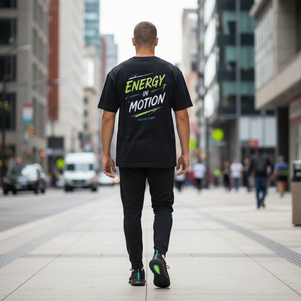 Move Vibe black crew neck t-shirt with Energy in Motion graphic on back worn by a man walking on a city street