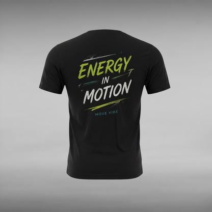 Move Vibe black crew neck cotton t-shirt with Energy in Motion graphic print on the back