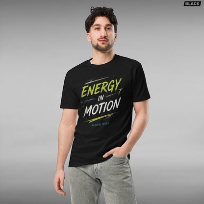 Move Vibe unisex black premium cotton crew neck t-shirt with Energy In Motion graphic print worn by a man