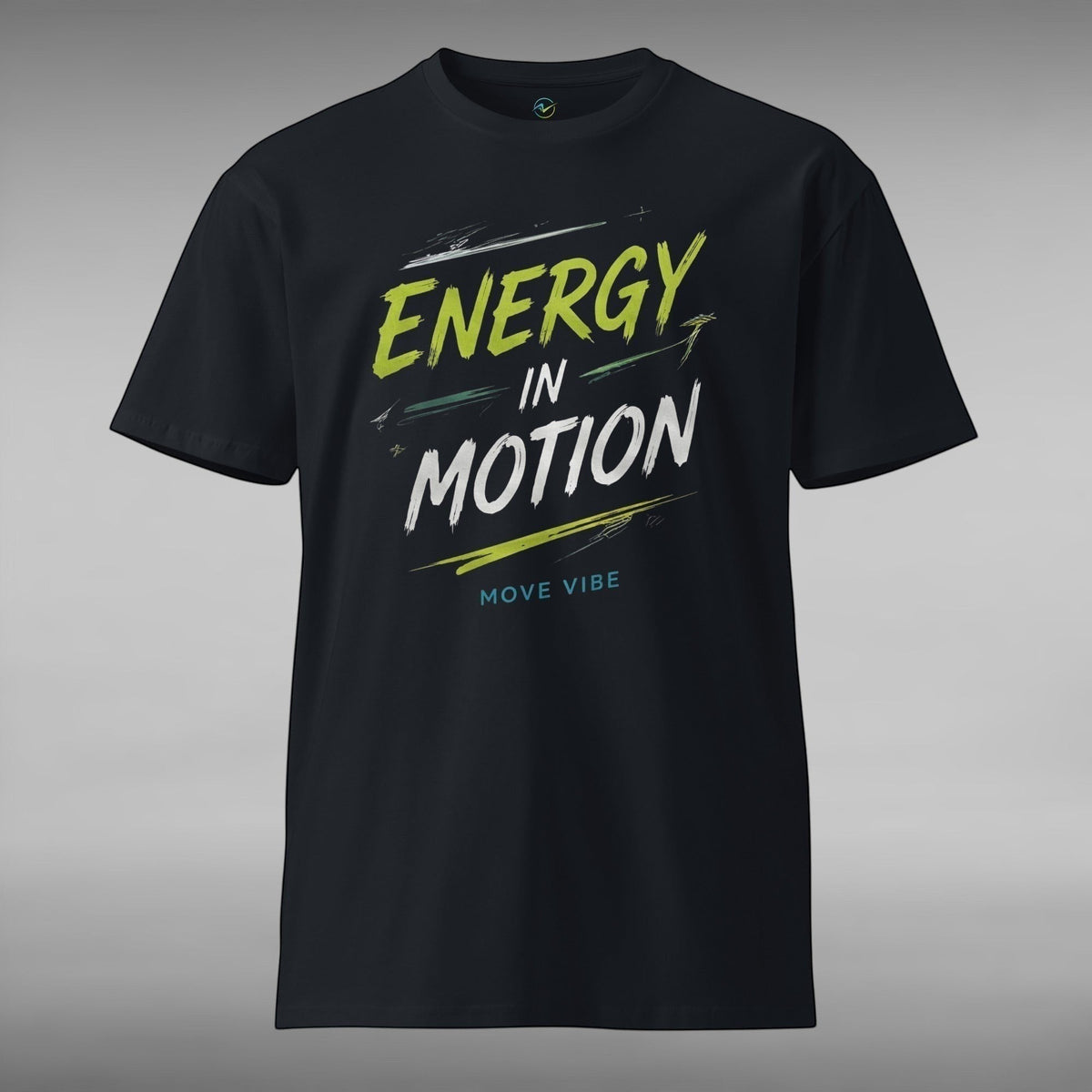 Move Vibe black crew neck t-shirt with Energy In Motion graphic print in yellow and white on the front