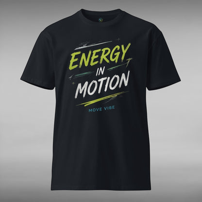 Move Vibe black crew neck t-shirt with Energy In Motion graphic print in yellow and white on the front