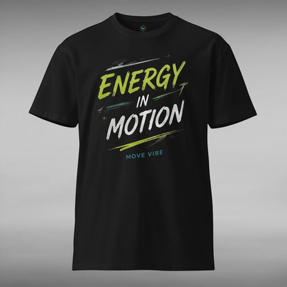 Move Vibe black unisex crew neck t-shirt featuring Energy In Motion graphic print in green and white text.