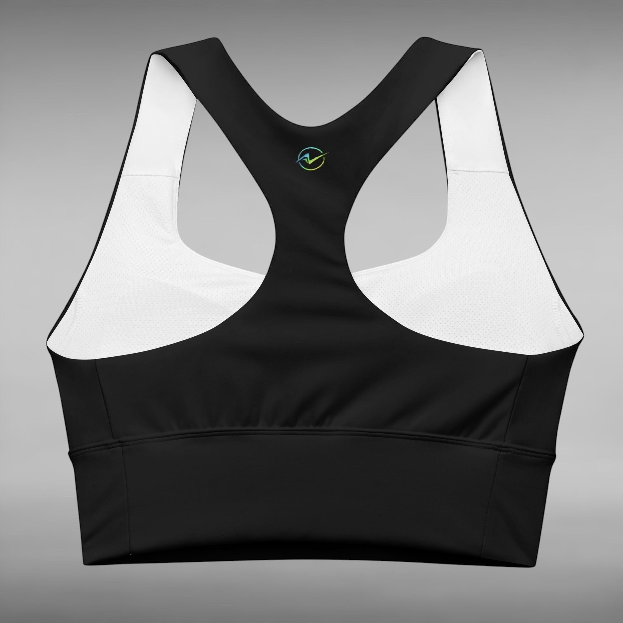 Move Vibe black longline sports bra with racerback design, white mesh lining, and small logo on the back.
