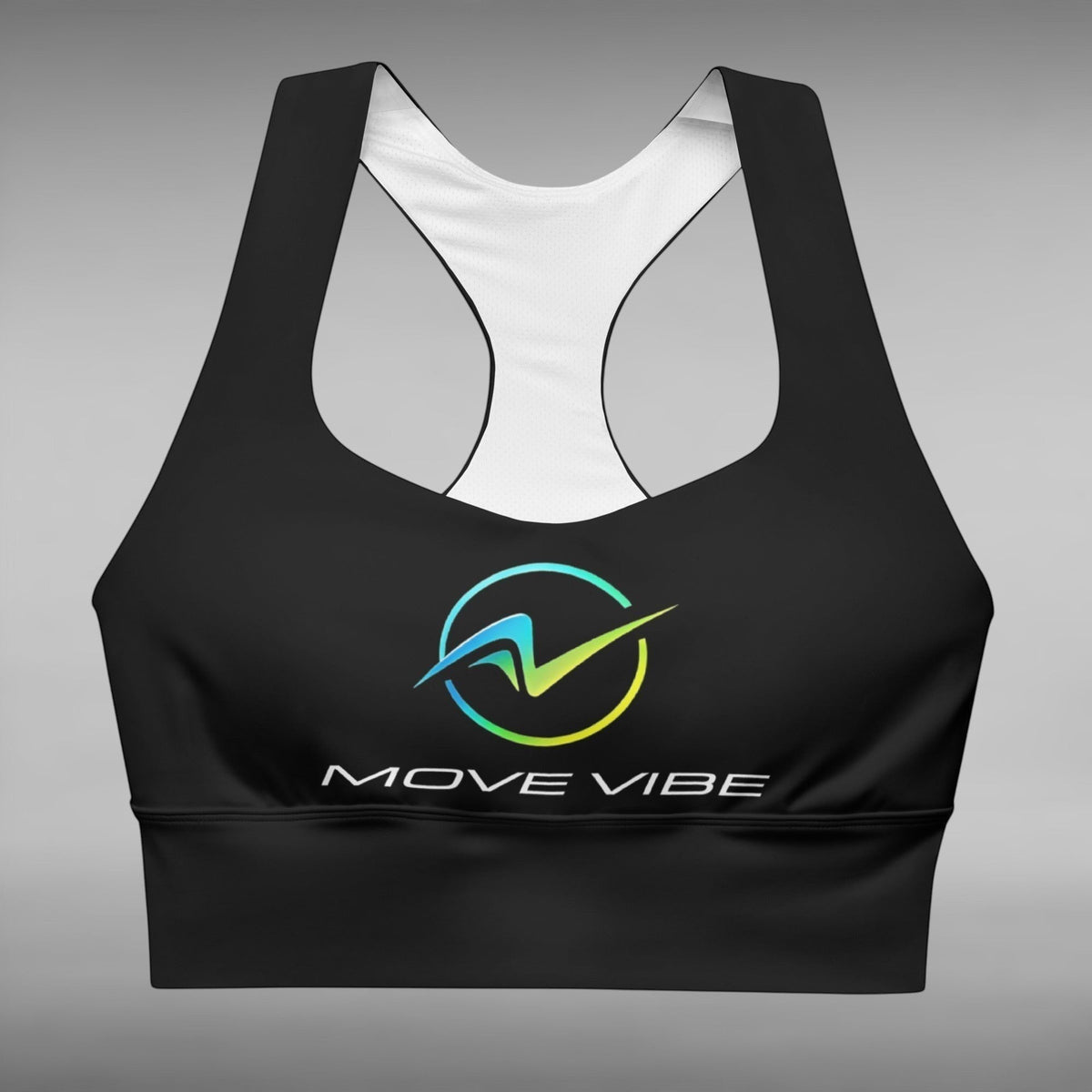 Move Vibe black longline sports bra with a colourful gradient logo on the front and white racerback detail