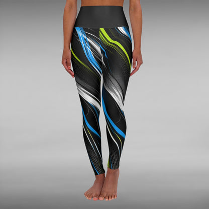Move Vibe high-waisted yoga leggings featuring a blue, lime, and white swirl print on a black background.