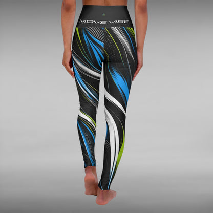 Move Vibe high-waisted yoga leggings featuring a blue, lime, and white swirl print on a black background, back view.