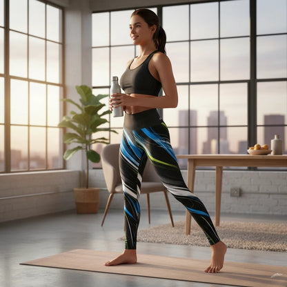 Move Vibe high-waisted yoga leggings with blue and lime swirl print worn by a woman in a sunlit studio.