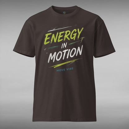 Move Vibe unisex dark brown crew neck t-shirt with Energy In Motion graphic print in green and white text