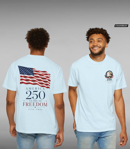 Move Vibe chambray blue cotton t-shirt with American flag and 250 years of freedom print on back and eagle chest logo