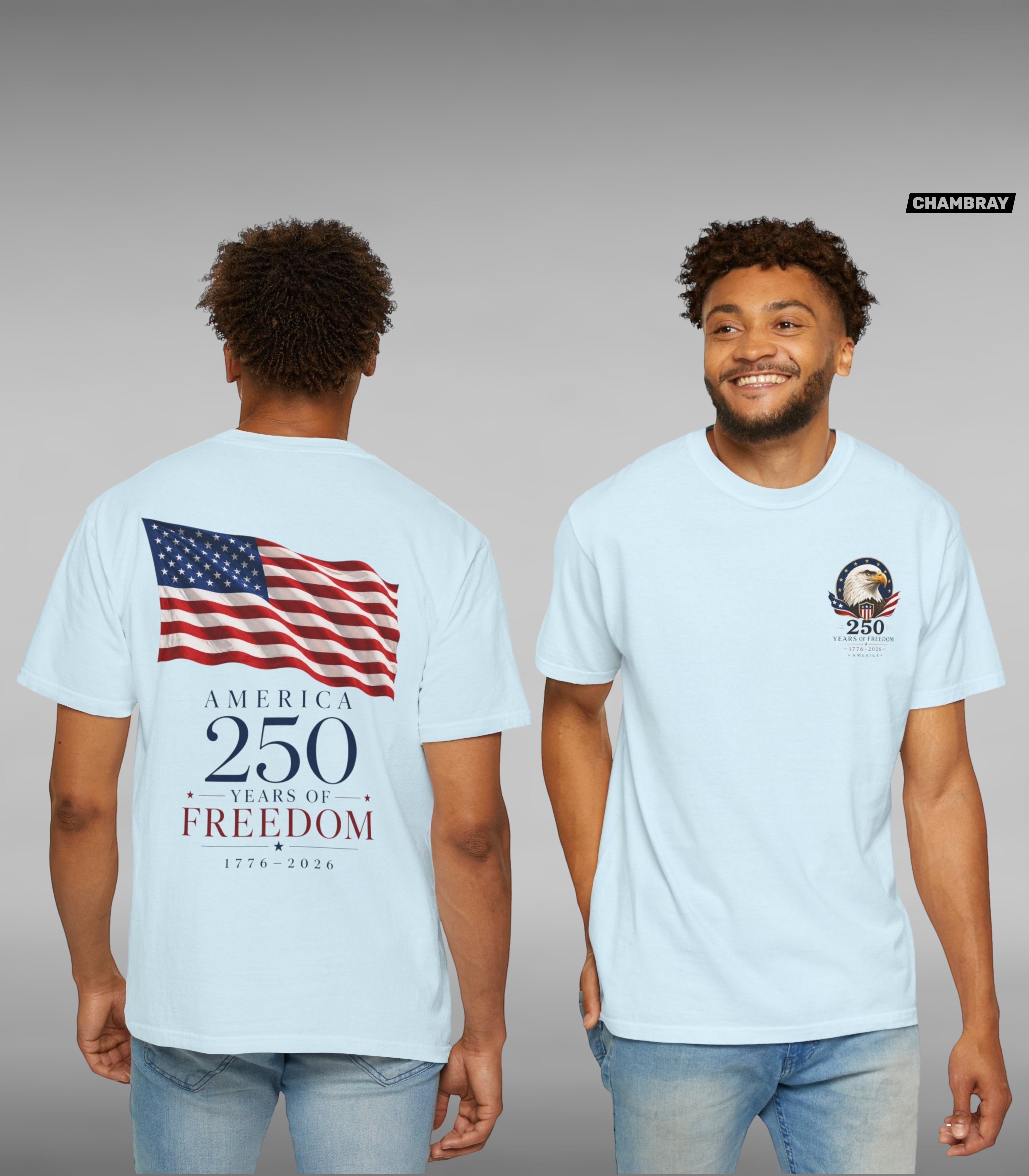 Move Vibe chambray blue cotton t-shirt with American flag and 250 years of freedom print on back and eagle chest logo