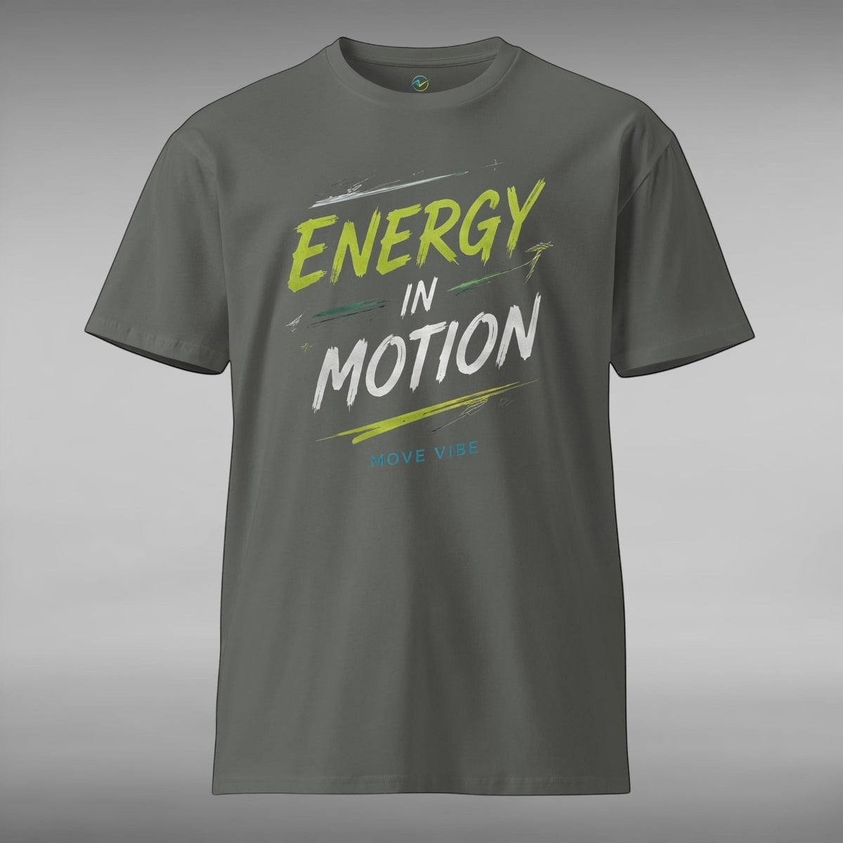 Move Vibe unisex charcoal grey premium cotton crew neck t-shirt with Energy In Motion graphic print