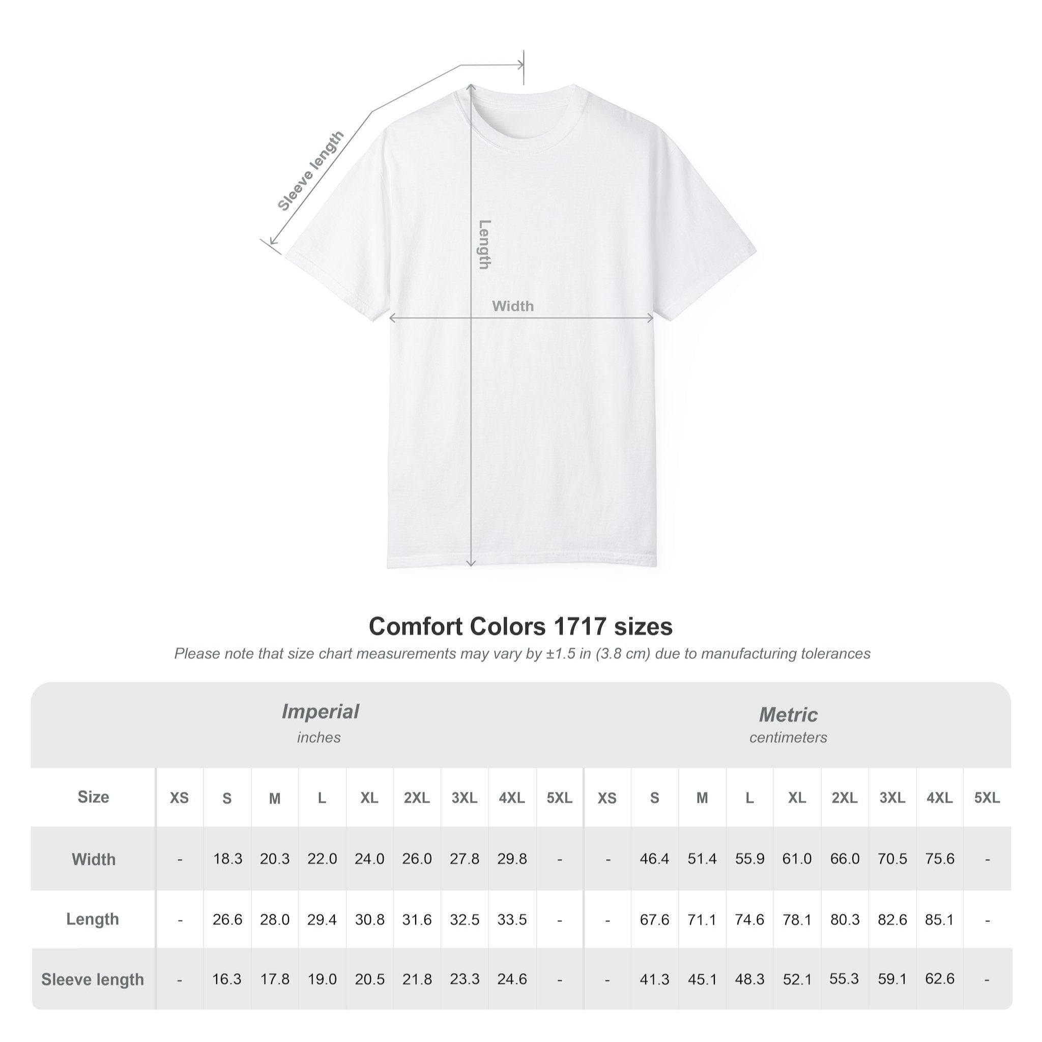 Move Vibe Comfort Colors 1717 white cotton t-shirt size chart with length, width, and sleeve measurements
