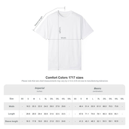 Move Vibe Comfort Colors 1717 white cotton t-shirt size chart with length, width, and sleeve measurements