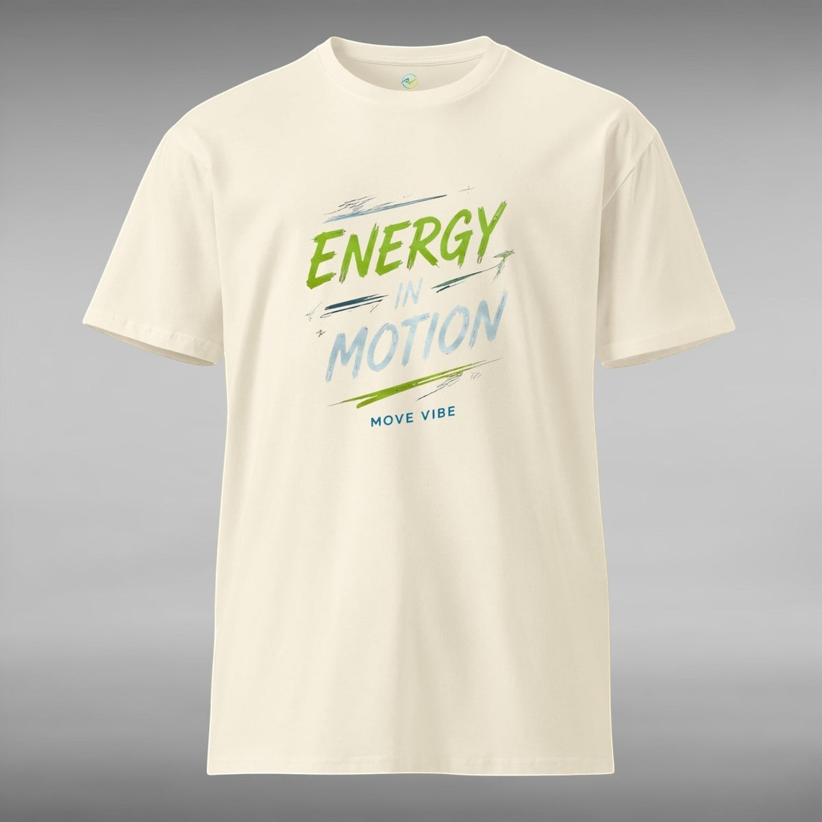 Move Vibe unisex cream combed cotton crew neck t-shirt featuring Energy In Motion graphic print on the front