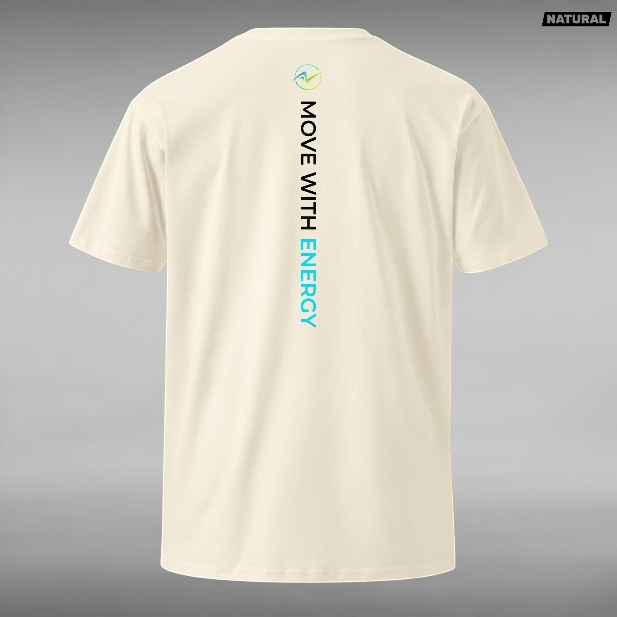 Move Vibe unisex premium cream cotton crew neck t-shirt with vertical Energy In Motion back graphic