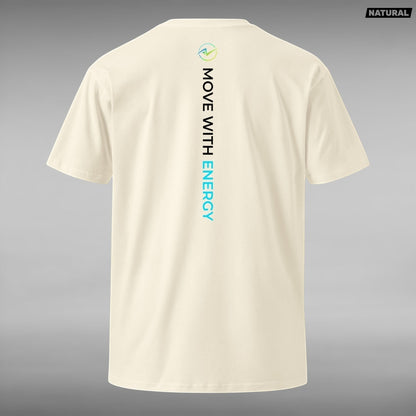 Move Vibe unisex premium cream cotton crew neck t-shirt with vertical Energy In Motion back graphic