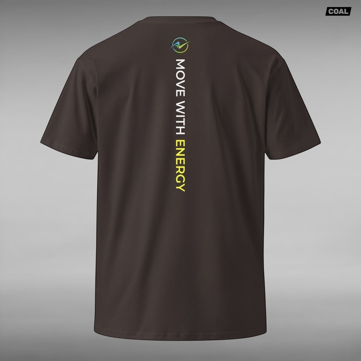 Move Vibe unisex premium dark brown cotton crew neck t-shirt with vertical Move With Energy graphic on the back