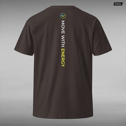 Move Vibe unisex premium dark brown cotton crew neck t-shirt with vertical Move With Energy graphic on the back