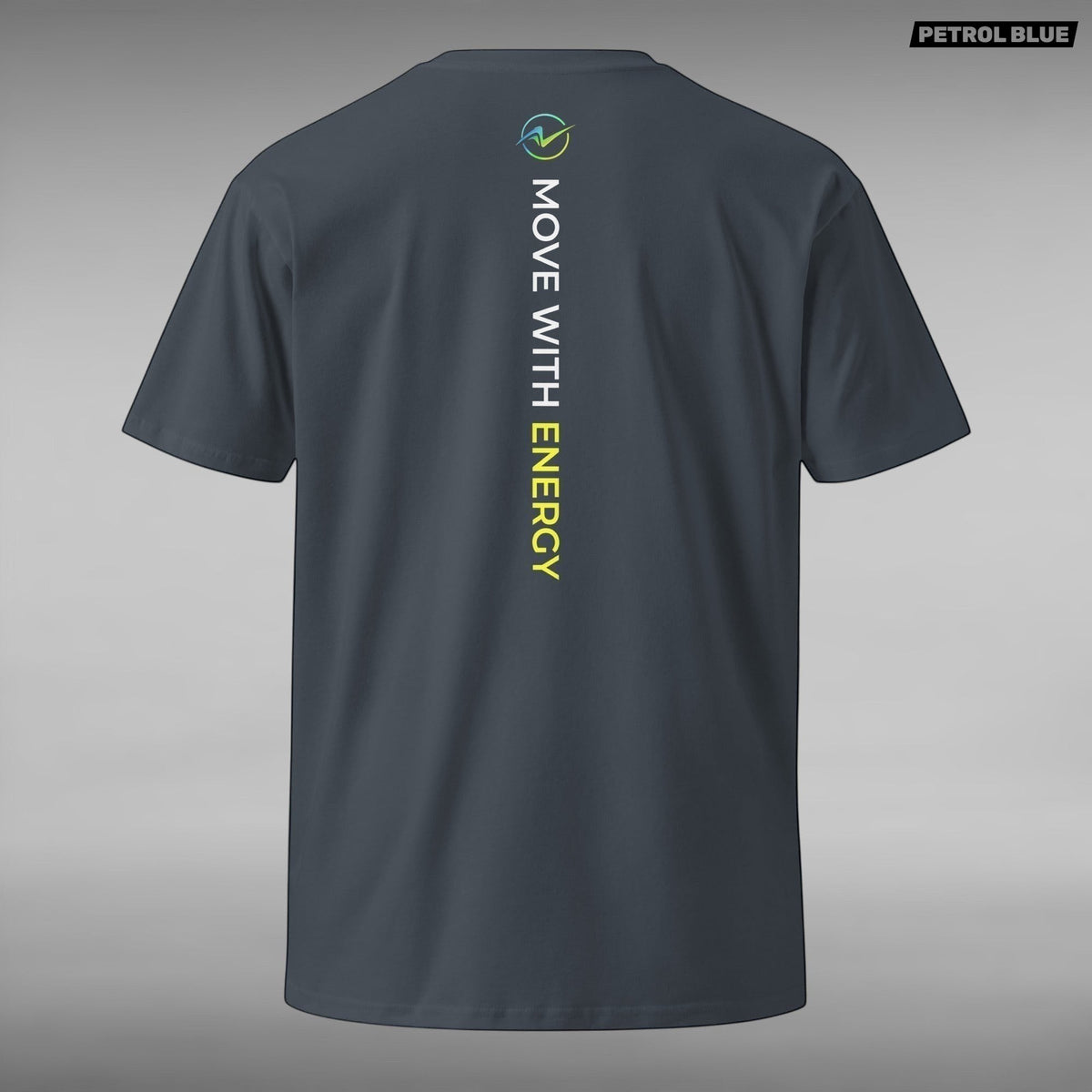 Move Vibe unisex premium dark grey cotton crew neck t-shirt with vertical Move With Energy graphic on the back