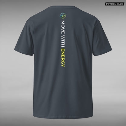 Move Vibe unisex premium dark grey cotton crew neck t-shirt with vertical Move With Energy graphic on the back