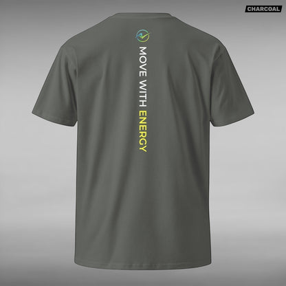 Move Vibe unisex grey crew neck t-shirt with vertical Move With Energy graphic on the back