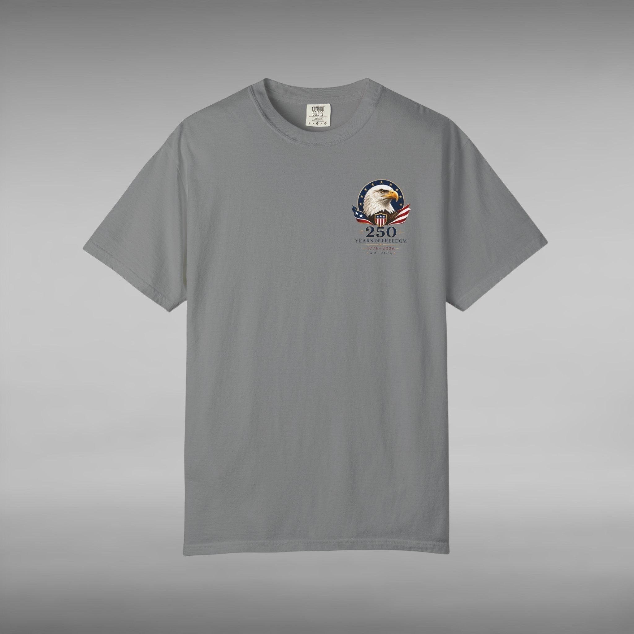 Move Vibe grey garment-dyed cotton t-shirt featuring a small eagle and 250 years of freedom chest emblem