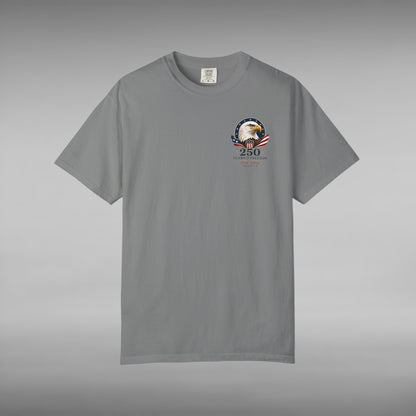 Move Vibe grey garment-dyed cotton t-shirt featuring a small eagle and 250 years of freedom chest emblem