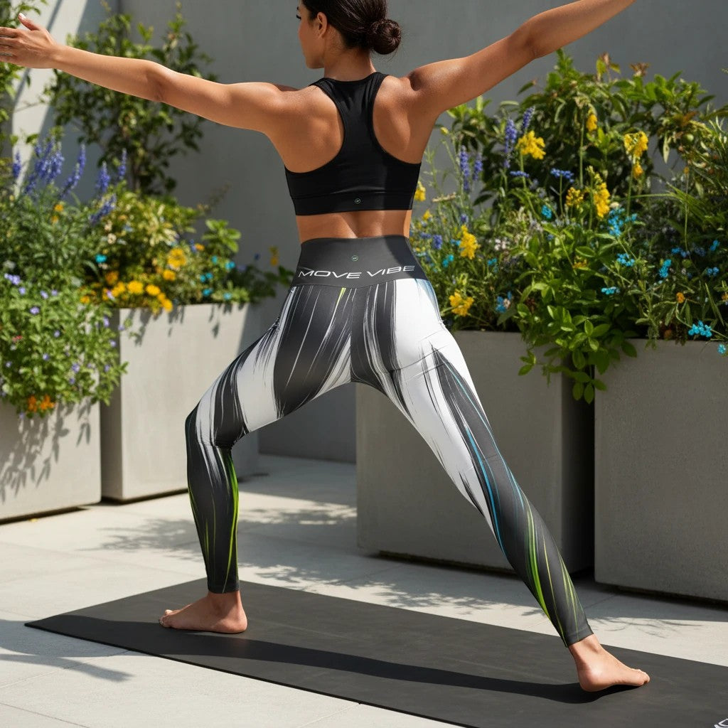 Move Vibe high-waist yoga leggings with black and white brushstroke print and neon accents worn by a woman in a pose.
