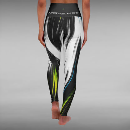 Move Vibe high-waist yoga leggings featuring a black and white brushstroke print with neon blue and green accents.
