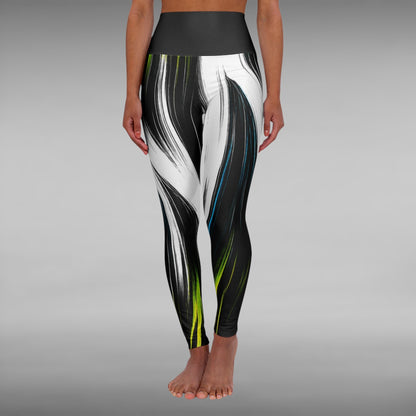 Move Vibe high-waist yoga leggings featuring an abstract black and white brushstroke print with neon green and blue accents.
