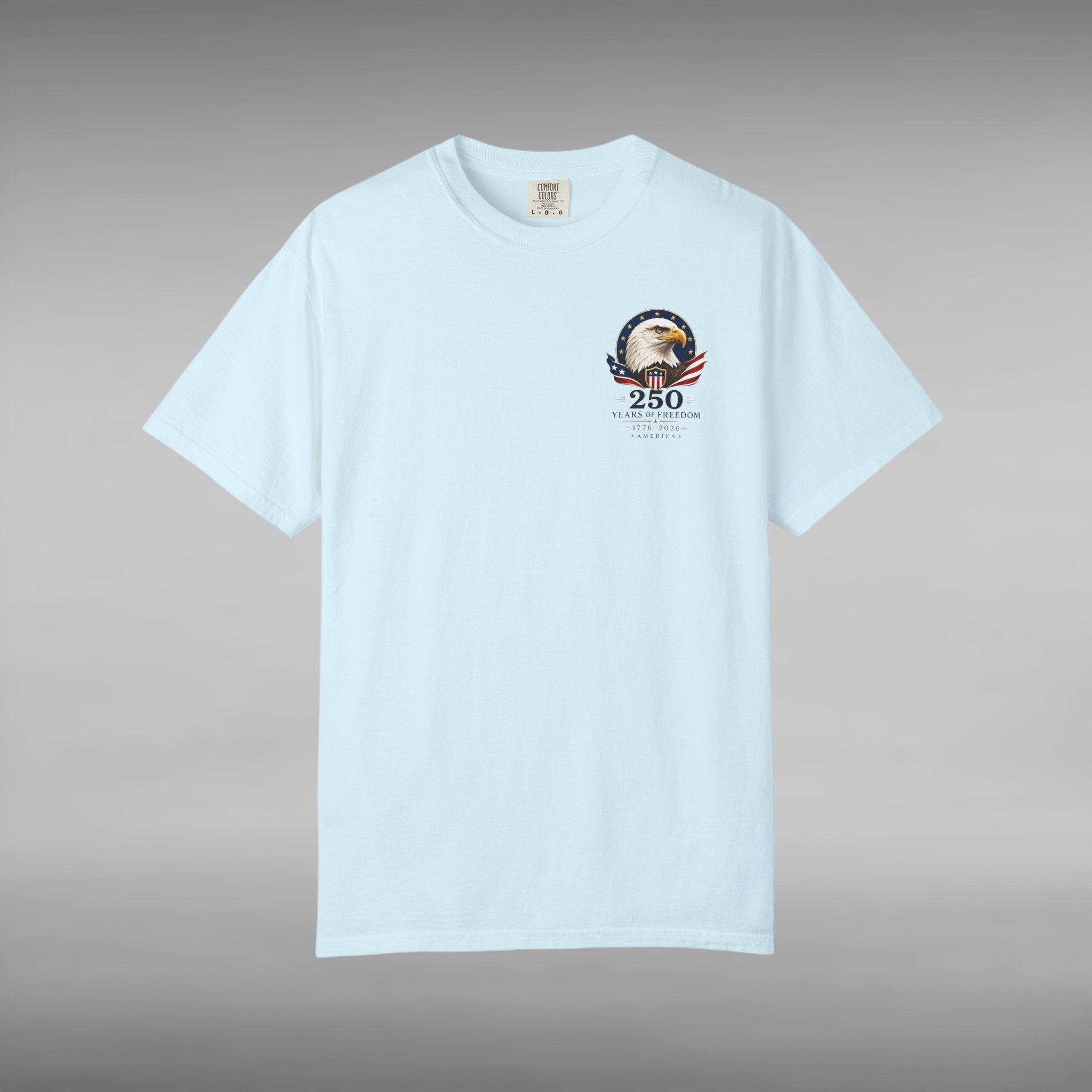 Move Vibe light blue garment-dyed cotton t-shirt with America 250 years of freedom eagle chest emblem