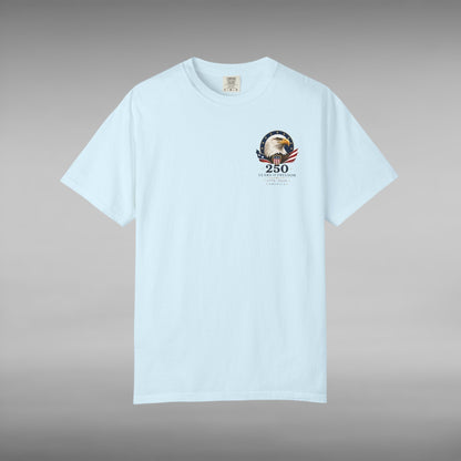 Move Vibe light blue garment-dyed cotton t-shirt with America 250 years of freedom eagle chest emblem