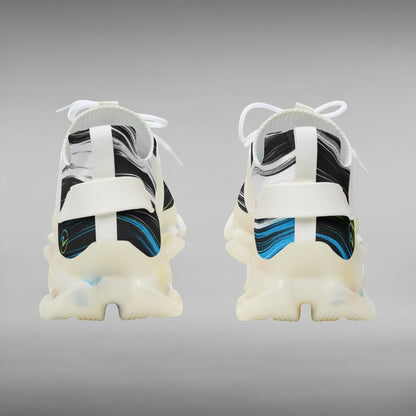 Move Vibe performance athletic sneakers featuring a white mesh upper with abstract blue and black swirl patterns.