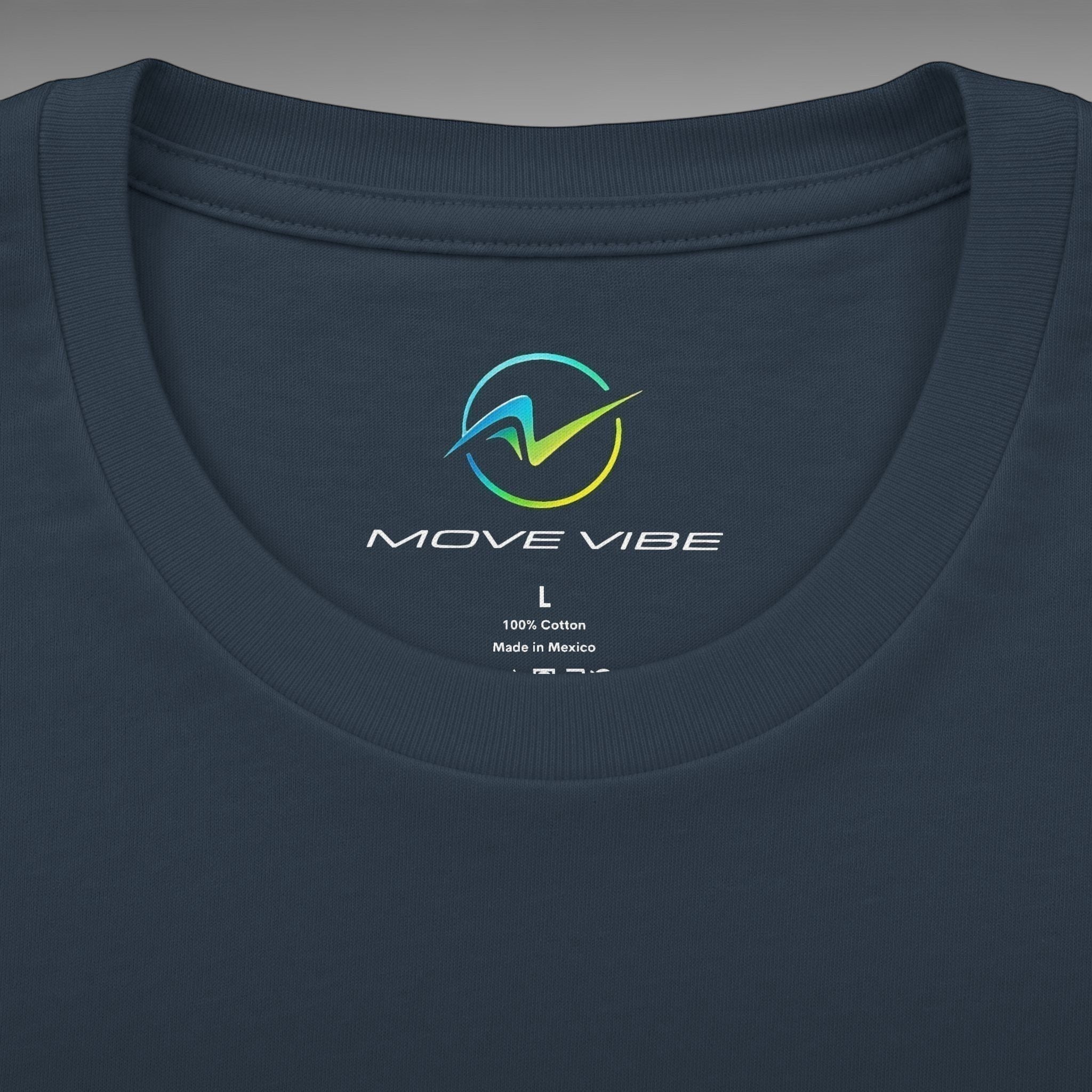 Move Vibe navy blue unisex crew neck cotton t-shirt with interior brand logo and size label