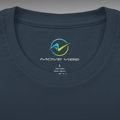 Move Vibe navy blue unisex crew neck cotton t-shirt with interior brand logo and size label