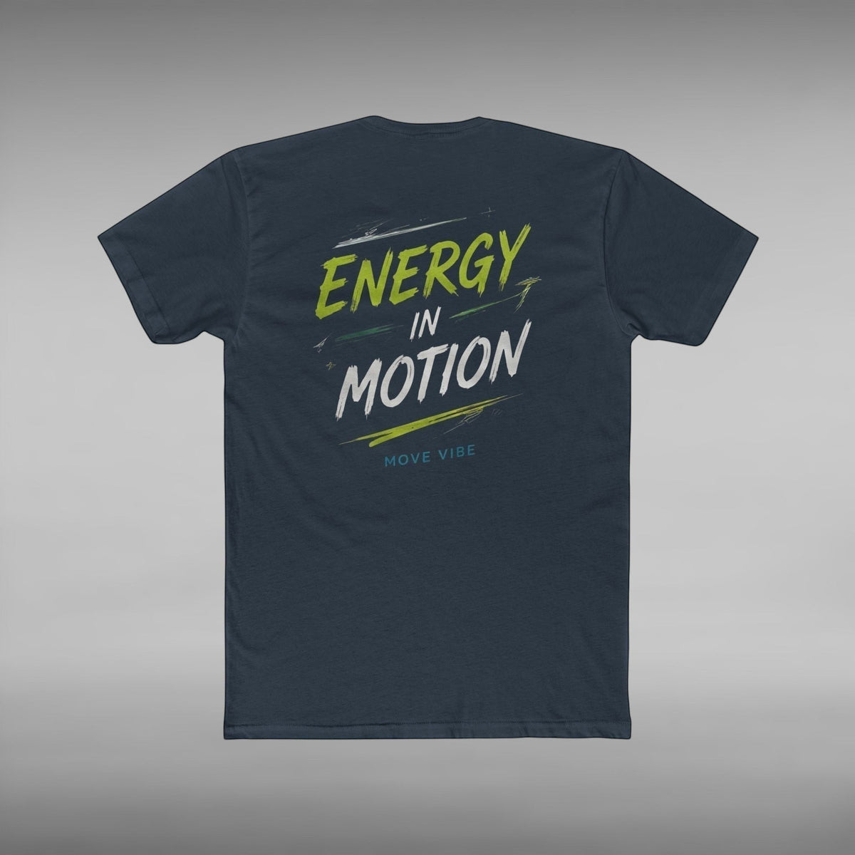 Move Vibe unisex navy cotton crew neck t-shirt featuring Energy in Motion graphic print on the back