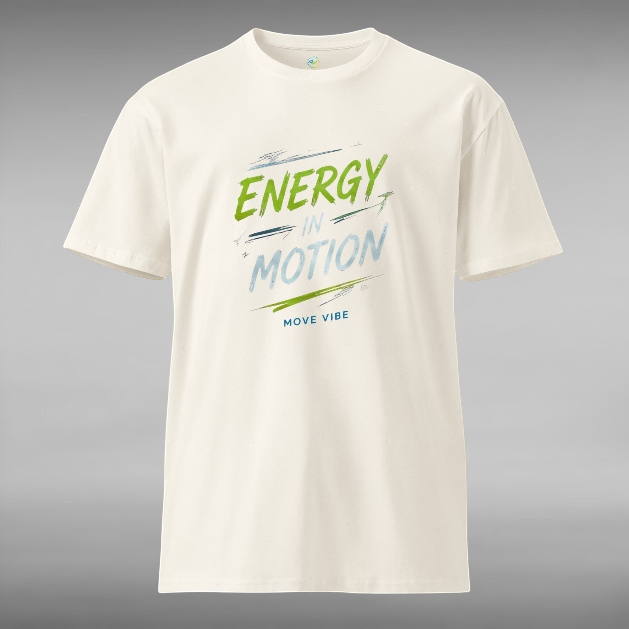 Move Vibe unisex off-white combed cotton crew neck t-shirt with Energy In Motion graphic print on the front