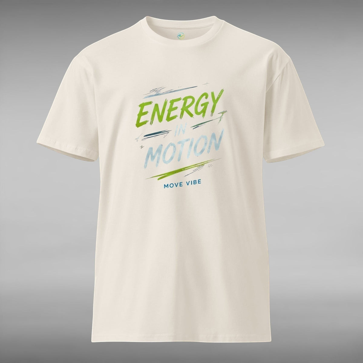 Move Vibe unisex premium off-white cotton crew neck t-shirt with Energy In Motion graphic print on the front