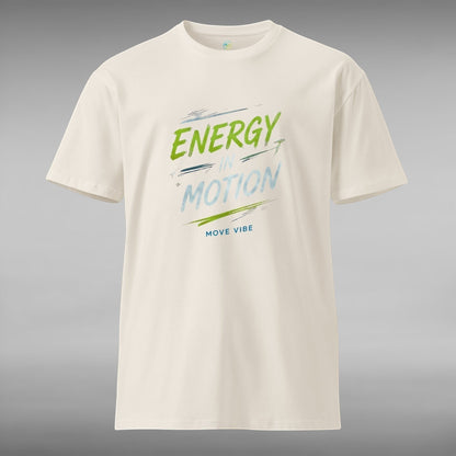 Move Vibe unisex premium off-white cotton crew neck t-shirt with Energy In Motion graphic print on the front