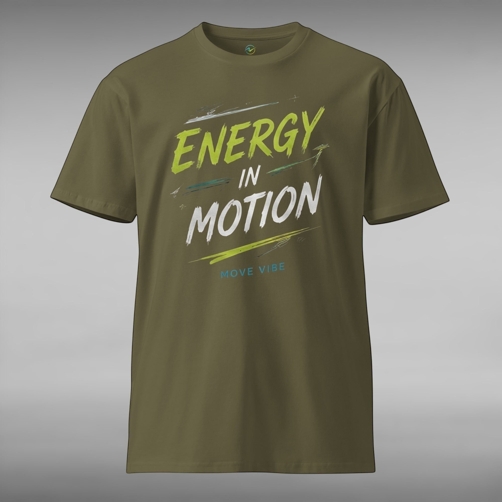Move Vibe olive green combed cotton crew neck t-shirt with Energy In Motion graphic print on the front