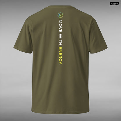 Move Vibe olive green premium cotton crew neck t-shirt with vertical Energy In Motion graphic on the back