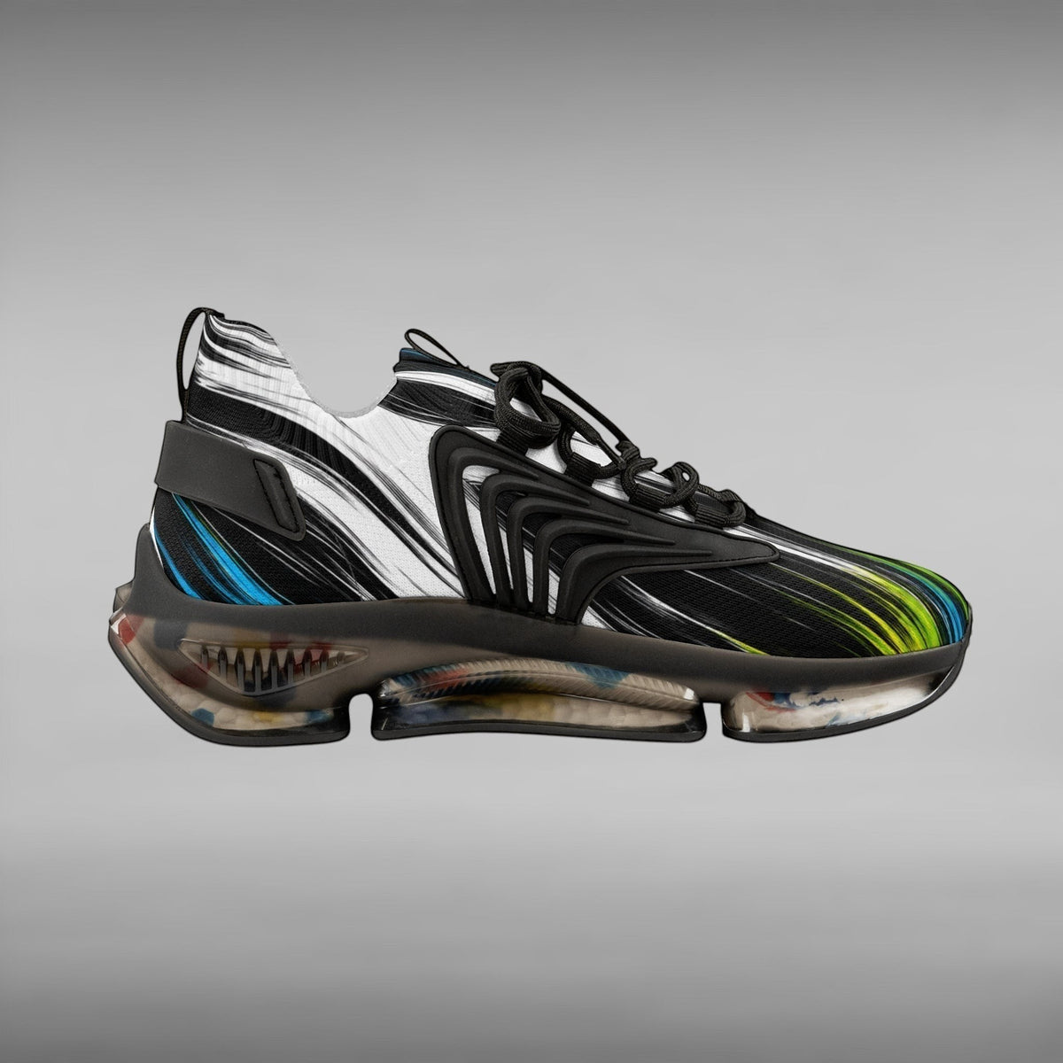 Move Vibe performance running sneaker with black mesh upper, abstract white and blue accents, and chunky TPU sole.