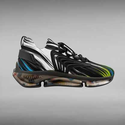 Move Vibe performance running sneaker with black mesh upper, abstract white and blue accents, and chunky TPU sole.