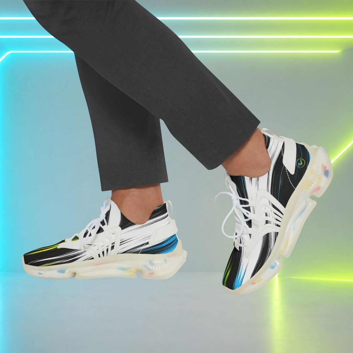 Move Vibe performance athletic running sneakers with abstract black, white, and blue mesh design and chunky EVA sole.