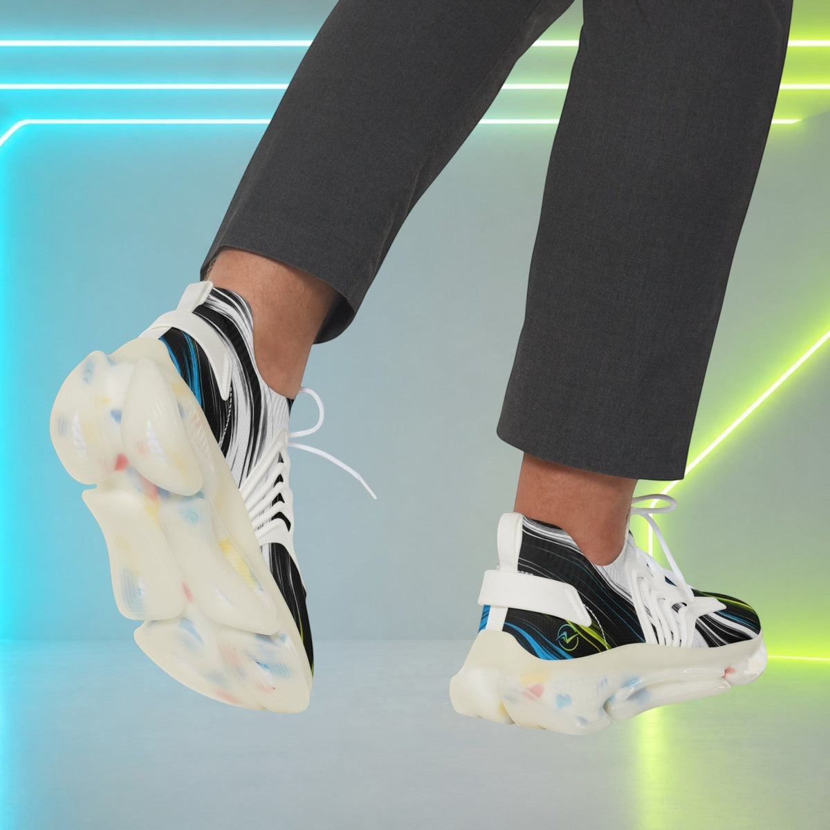 Move Vibe performance running sneakers with black and white mesh upper and speckled translucent EVA sole on a model.