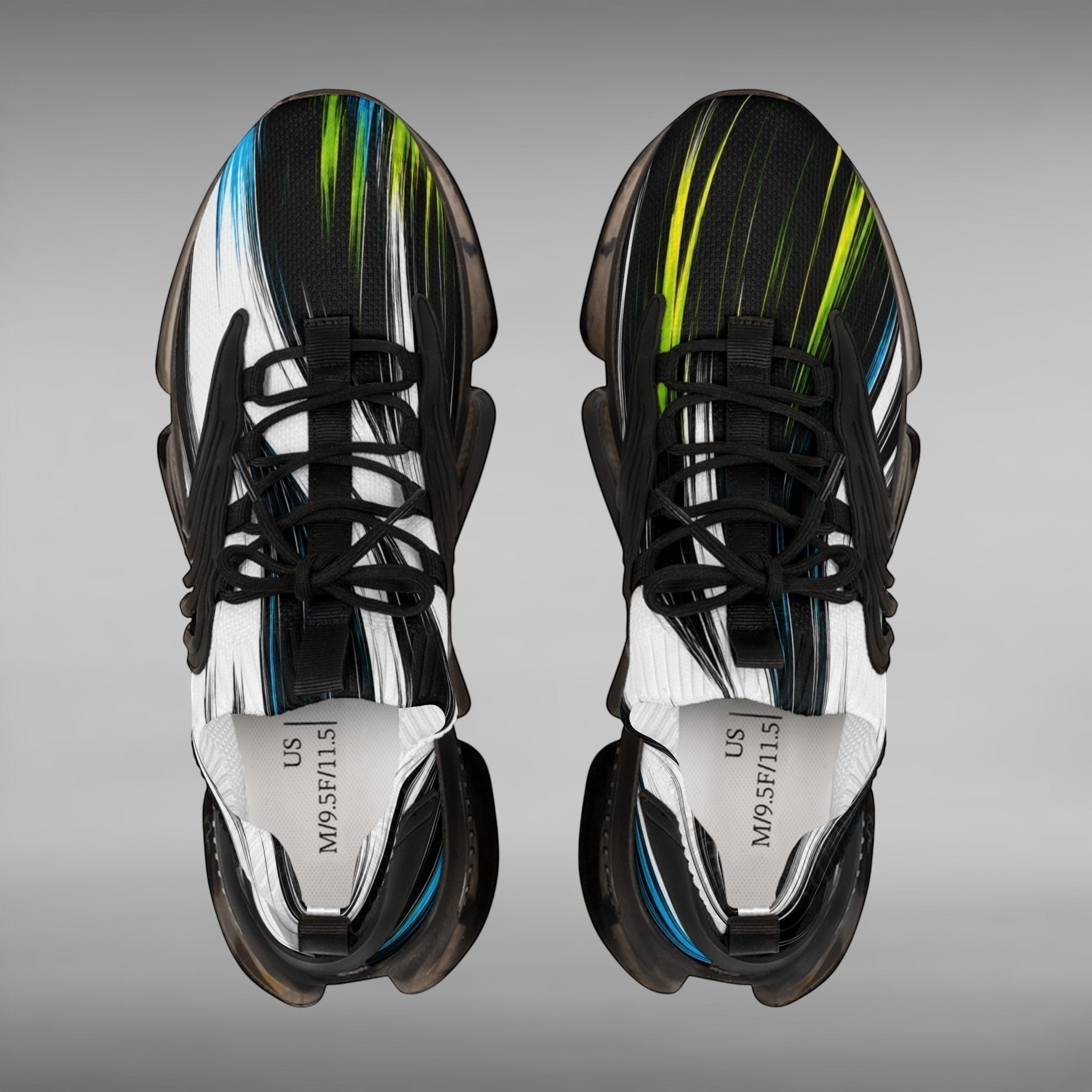 Move Vibe performance running sneakers featuring a black mesh upper with vibrant blue and green abstract brush strokes.