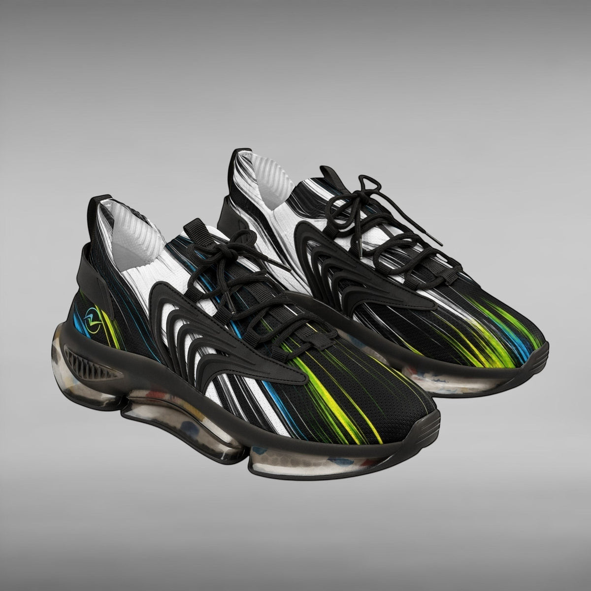 Move Vibe performance running sneakers featuring a black mesh upper with vibrant green and blue abstract line patterns.