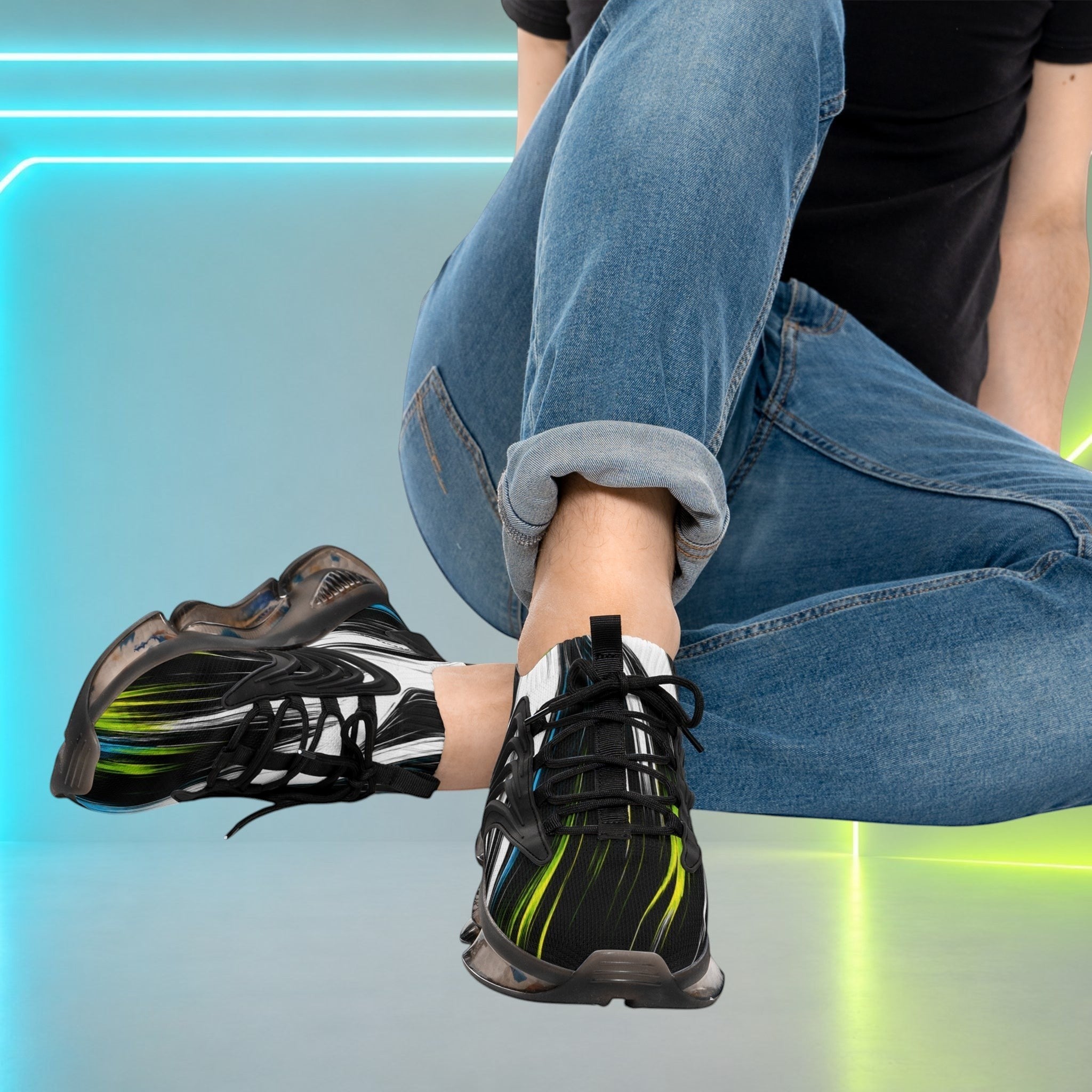 Move Vibe performance running sneakers with black, white, and neon green mesh upper and cushioned TPU sole