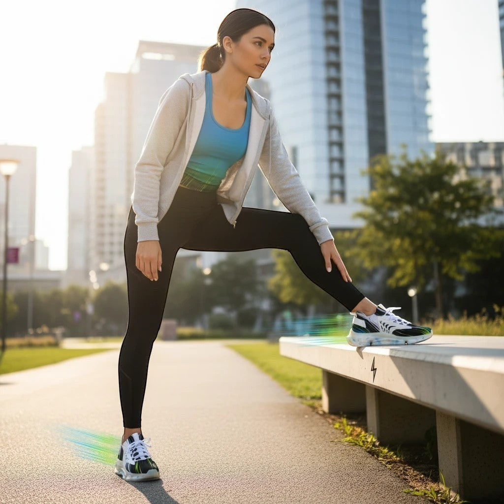 Move Vibe performance running sneakers with breathable mesh and memory foam soles worn by a woman stretching outdoors